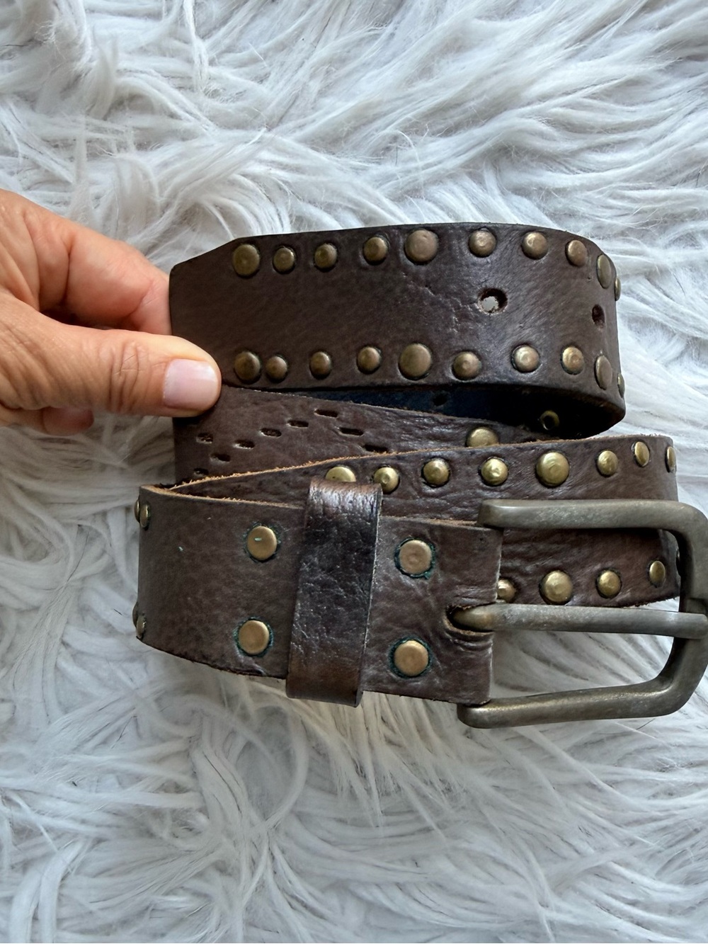 Vintage Linea Pelle Studded Leather Belt Brown Brass Rivets Distressed Boho